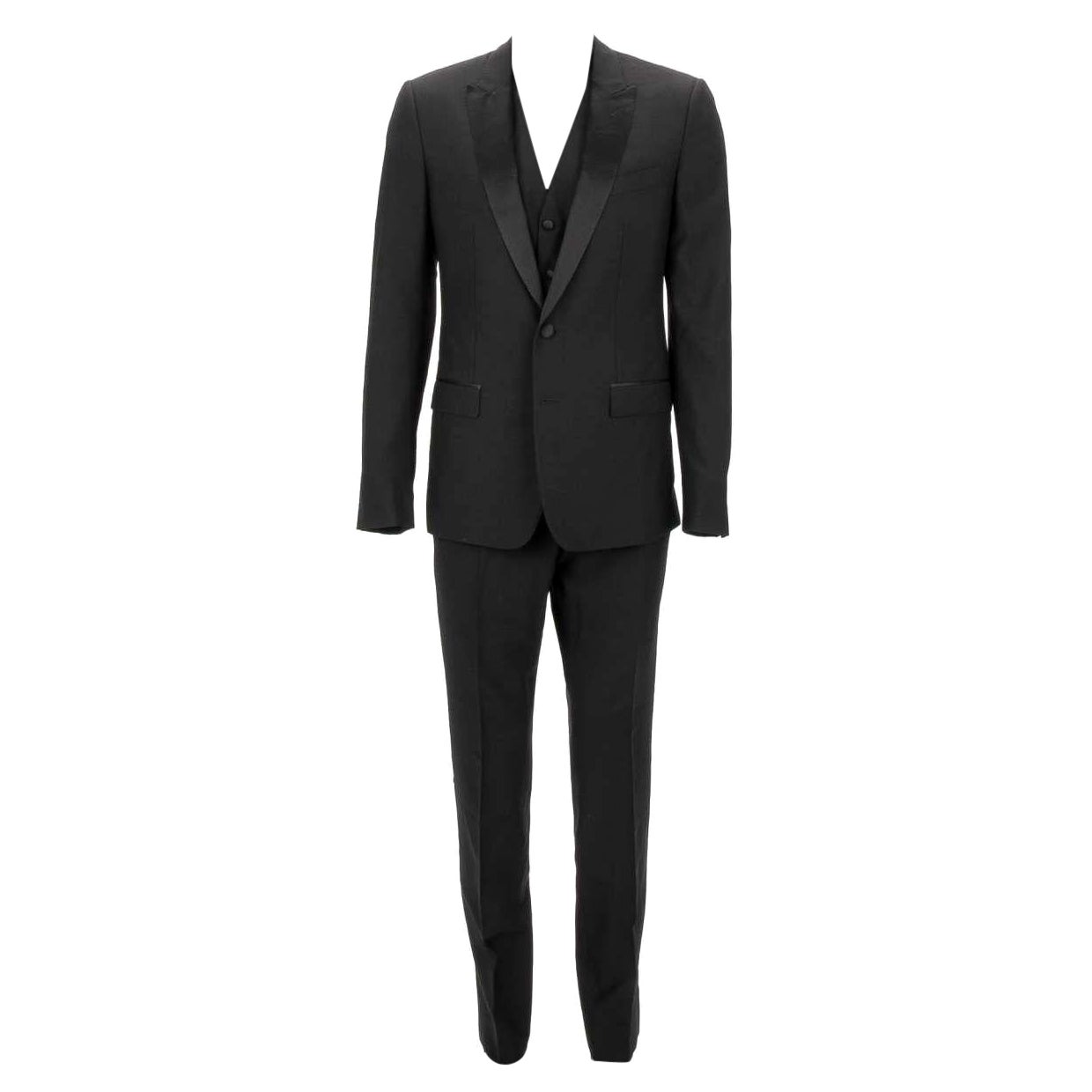 Dolce & Gabbana 3 Piece Silk Wool Suit Jacket Waistcoat MARTINI Black 48 For Sale