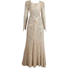Ann Dawson metallic ivory lame lace knit evening dress, circa 1930s 10