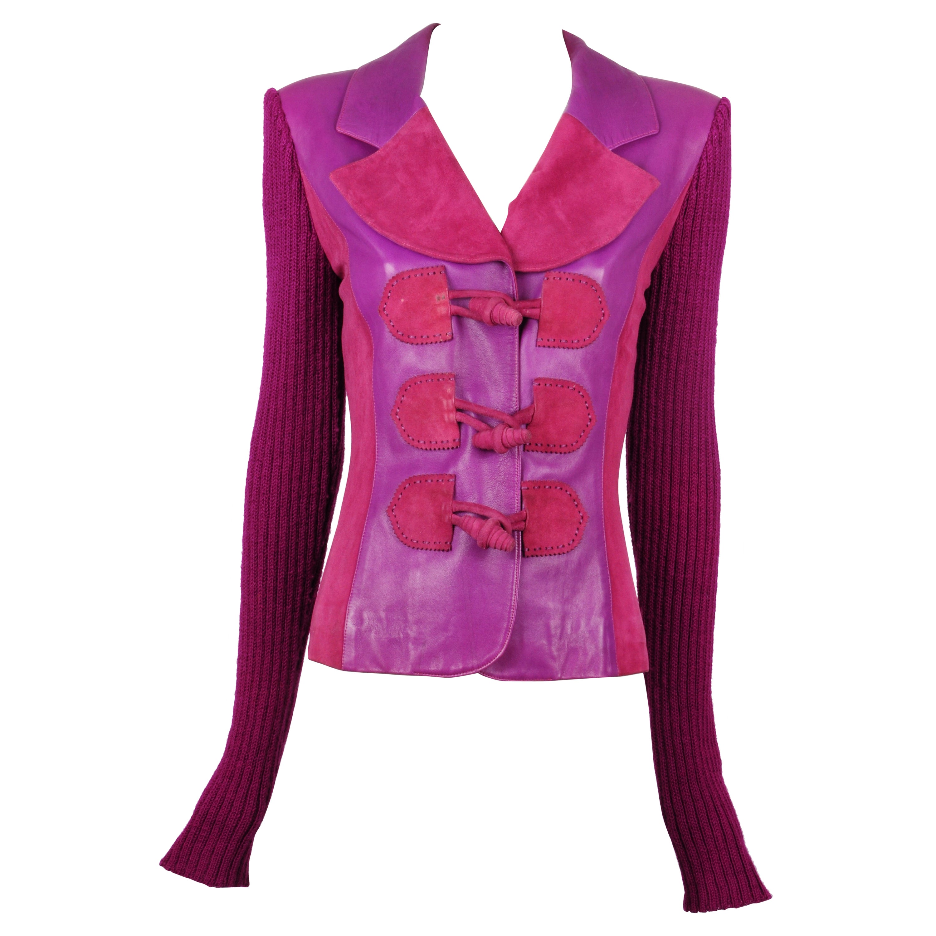 Elizabeth Wessel Monte Carlo Leather and Knitwear Purple Blazer 1980s For Sale