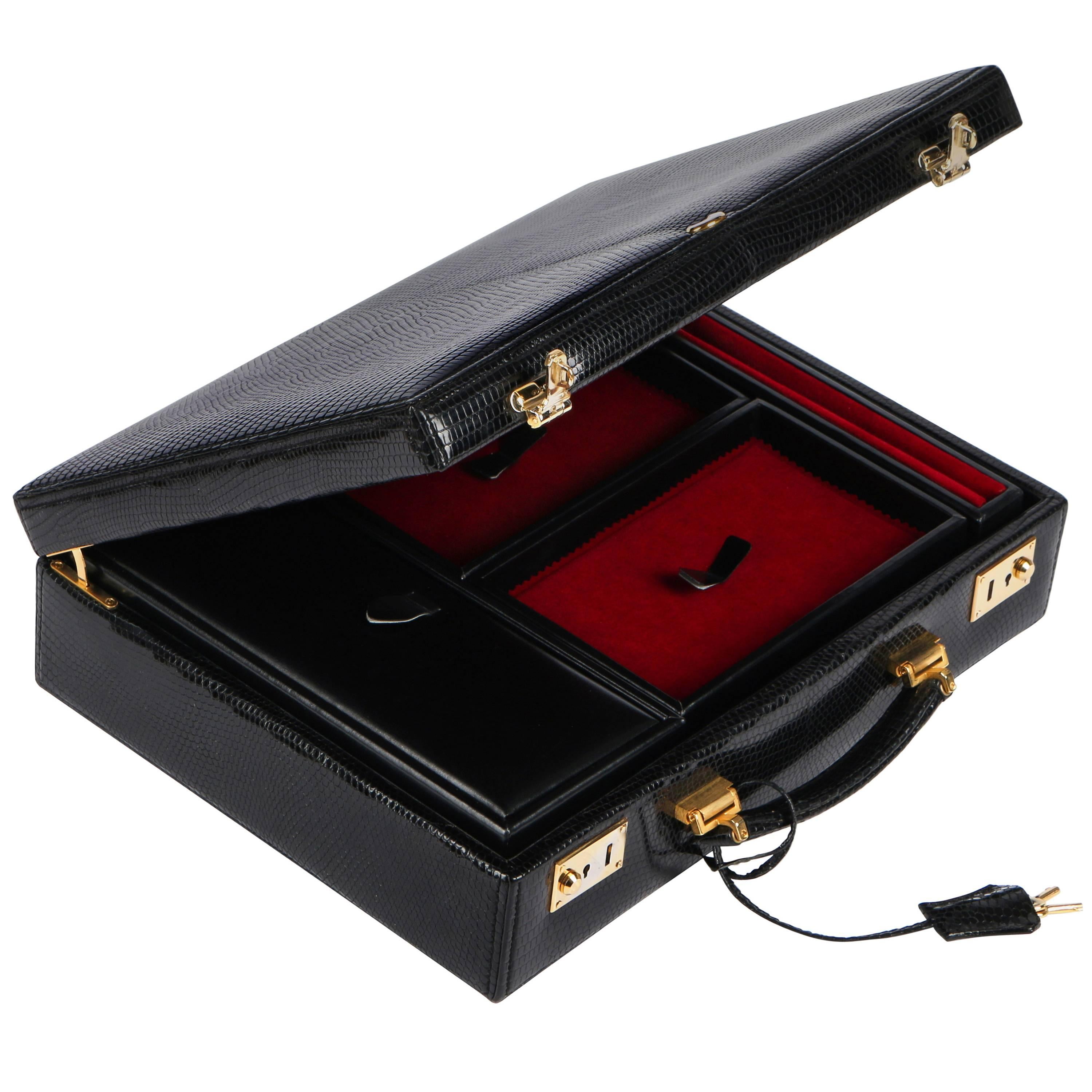 GUCCI Black Genuine Lizard Leather Jewelry Briefcase Travel Case Attache NOS