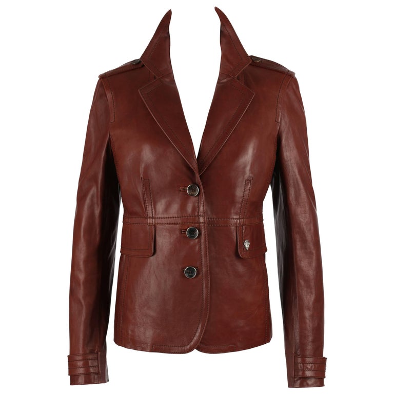 GUCCI Classic Brown Leather Button Front Slim Line Jacket Blazer Size ...