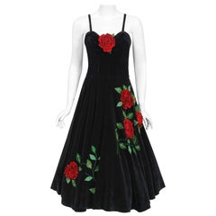 Vintage 1950's Juli Lynne Charlot Red Roses Appliqué Black Velvet Full Dress