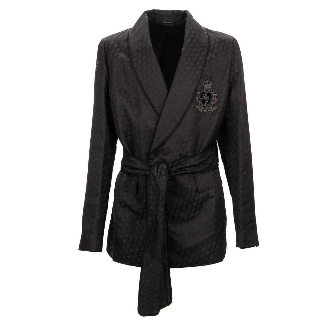 Dolce & Gabbana Floral Silk Jacquard Robe Blazer DG Crown Black 48 38 M For Sale
