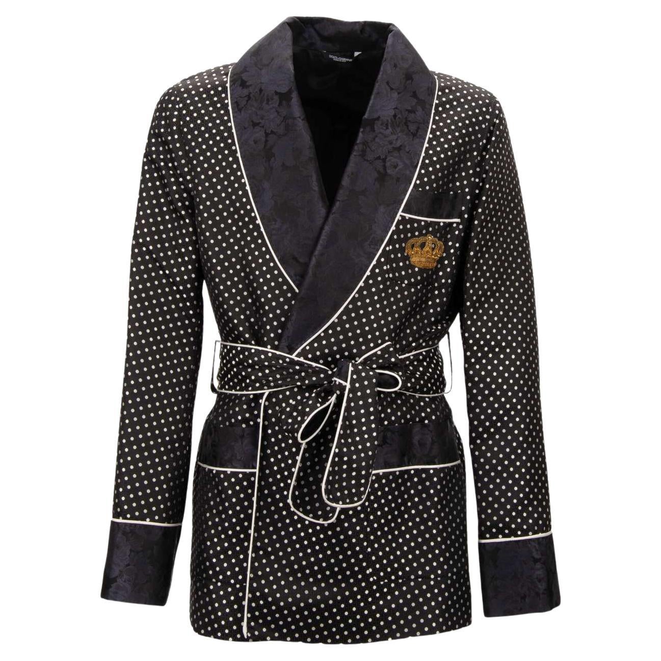 Dolce & Gabbana Polka Dot Floral Silk Jacquard Robe Blazer Gold Crown Black 48 For Sale
