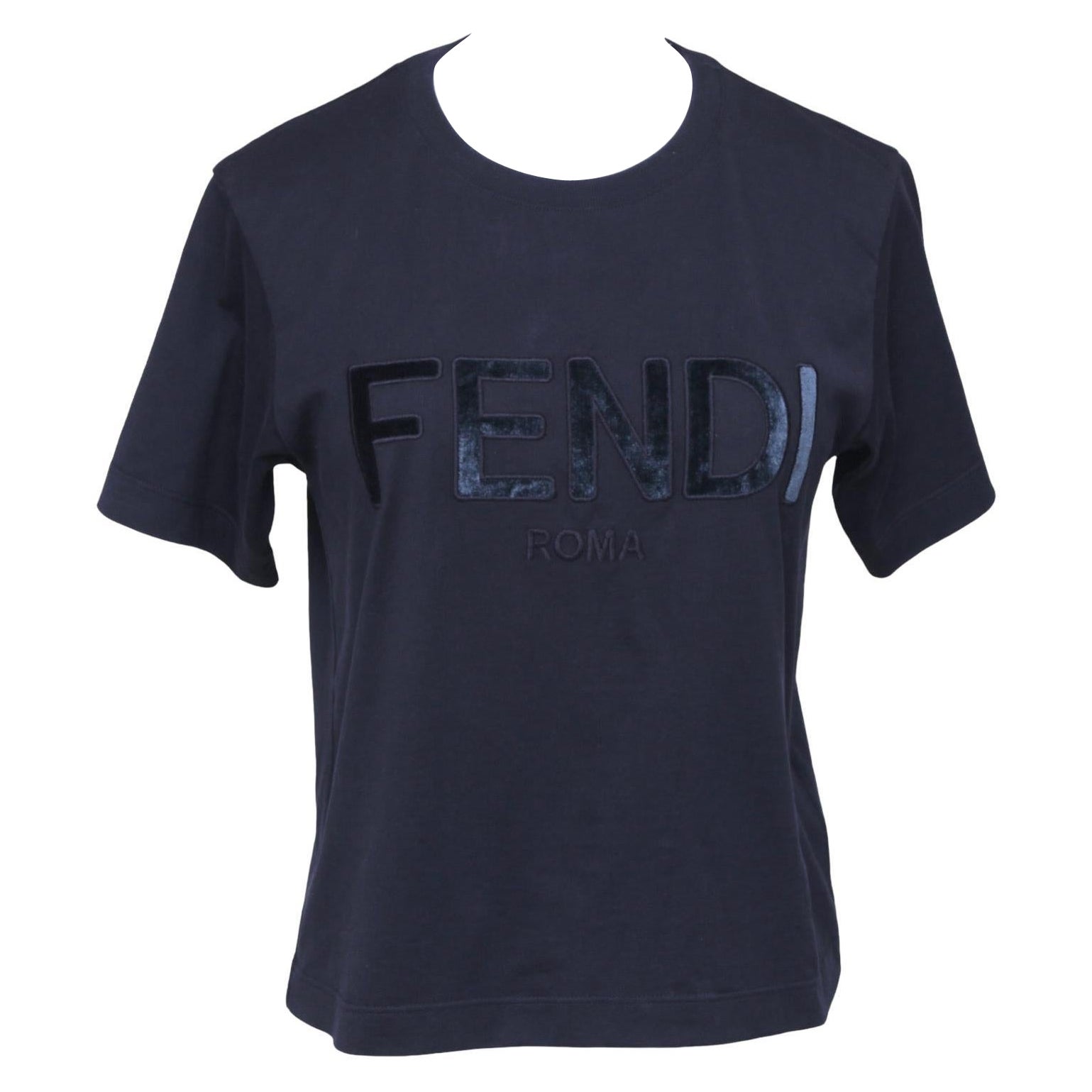 FENDI T-Shirt Top Logo Cropped Marineblau Samt Crew Neck Short Sleeve Gr. XS im Angebot
