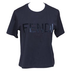 FENDI - T-shirt à manches courtes en velours bleu marine avec logo et col ras du cou, taille XS