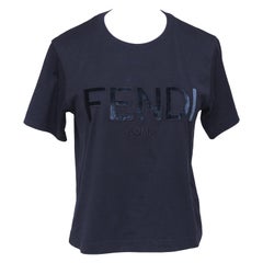 FENDI Top T-Shirt Logo Blouse Cropped Navy Blue Velvet Crew Short Sleeve Sz XS