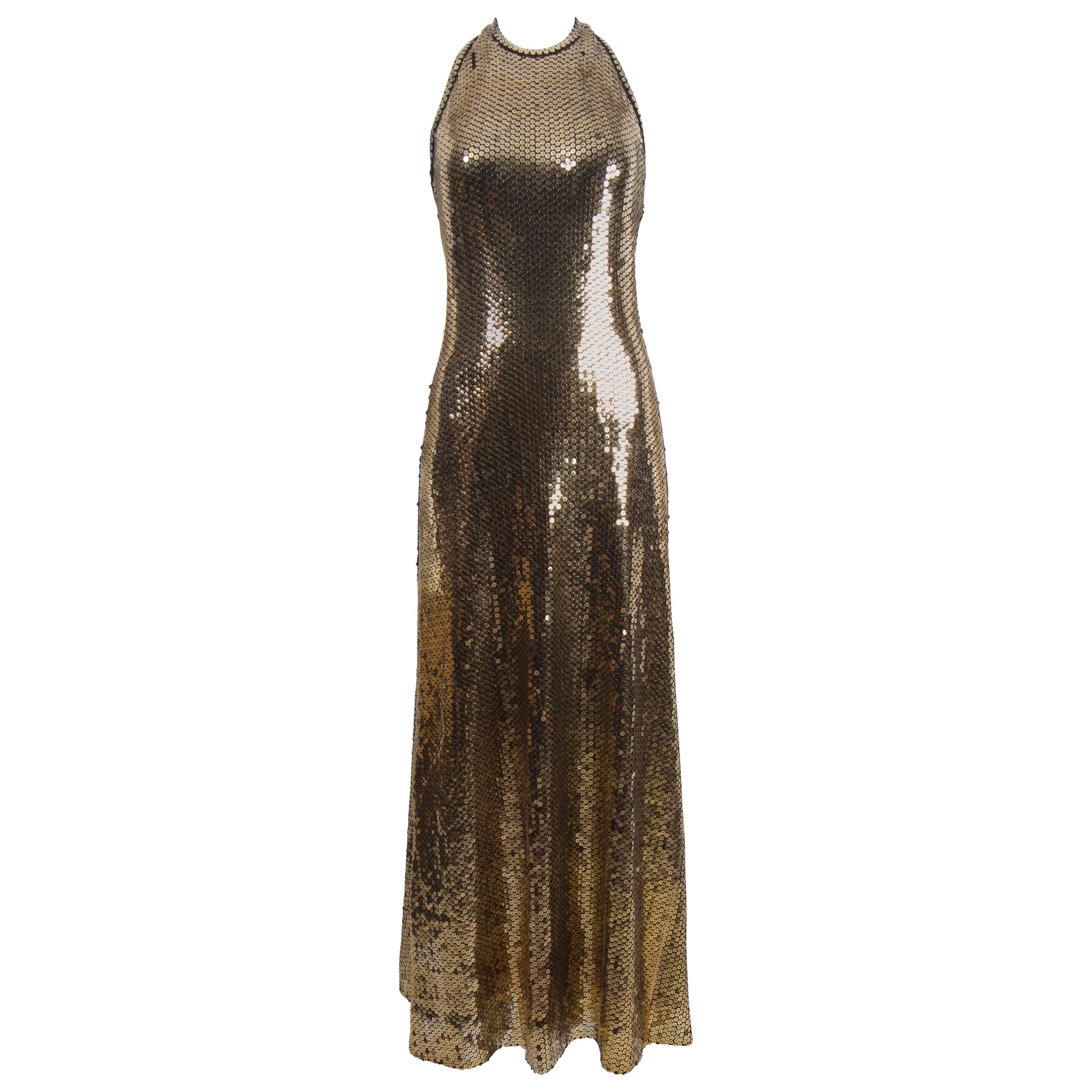 1970's Jean Chess Gold Sequinned Halter Gown and Jacket For Sale