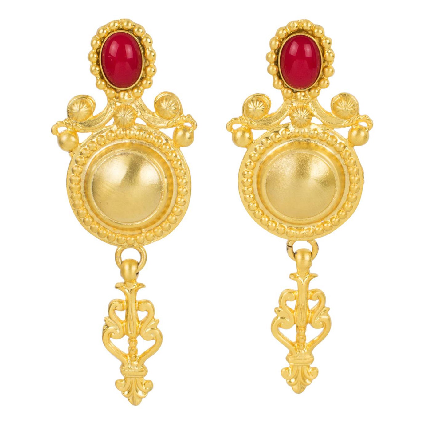 Gianfranco Ferre Gilt Metal Baroque Clip Earrings with Red Cabochon For Sale