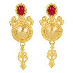 Retro Gianfranco Ferre Gilt Metal Baroque Clip Earrings with Red Cabochon