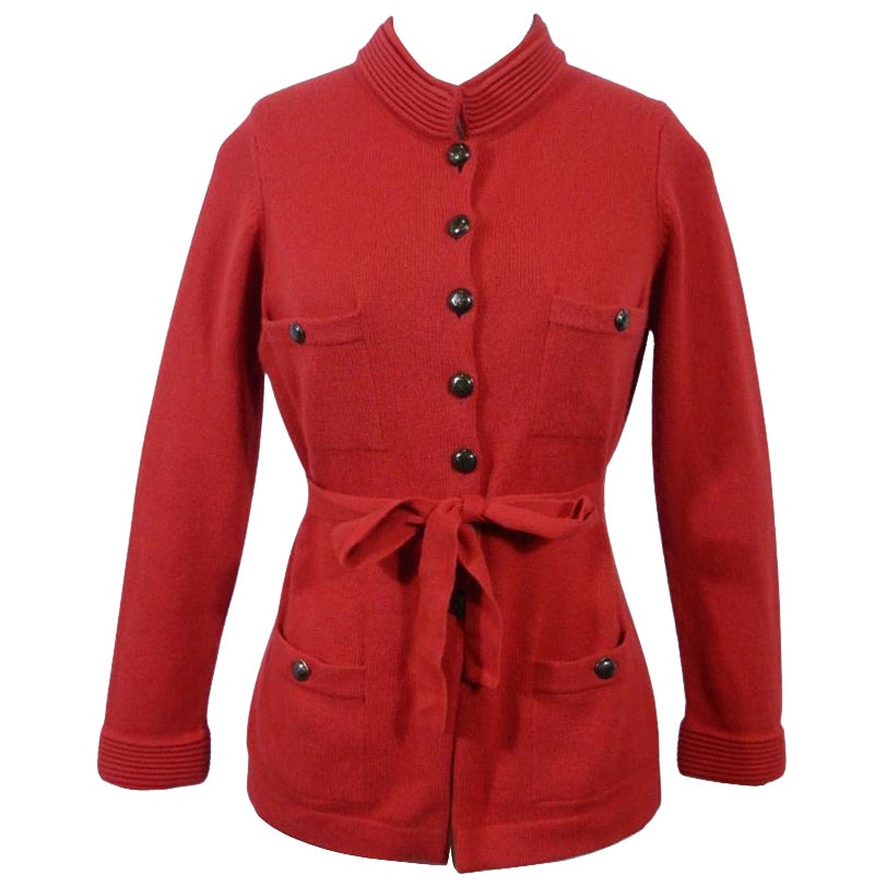 Chanel 2010 Red Belted Cashmere Cardigan Sweater For Sale