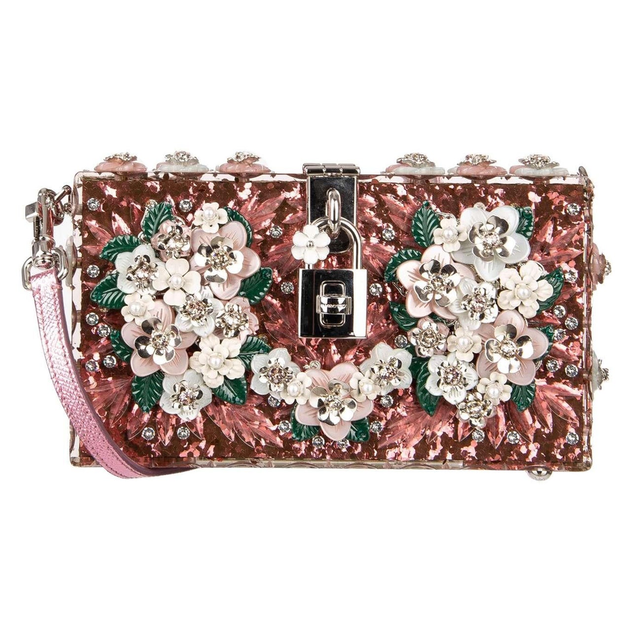 D&G Glitter Plexiglass Clutch Bag DOLCE BOX with Flowers and Crystals Pink For Sale