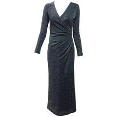 Vintage Tadashi silver glitter knit plunge neck maxi dress 1980s 9