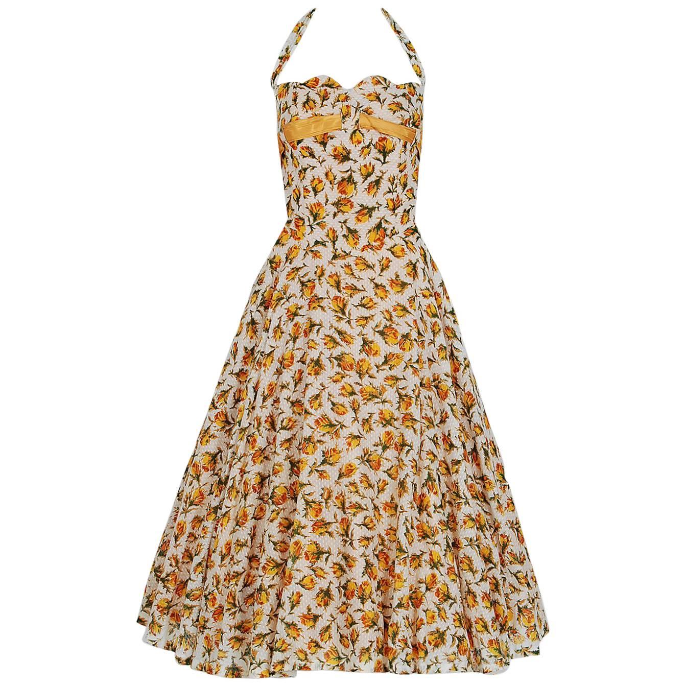 1950's Lilli Diamond Yellow-Roses Floral Textured Cotton Halter Back-Bow Dress