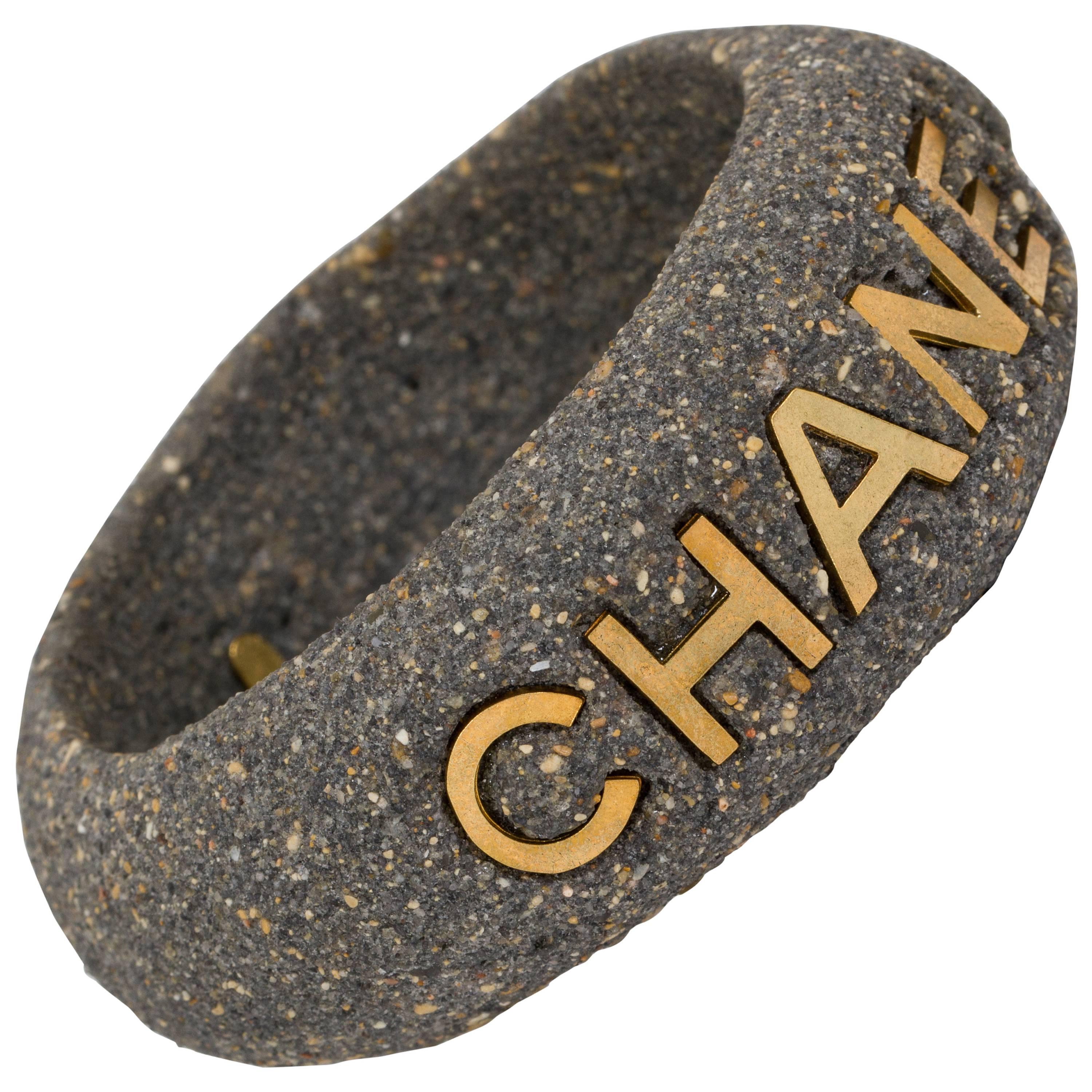 Chanel Rare Grey Stone Signature Cuff Bracelet