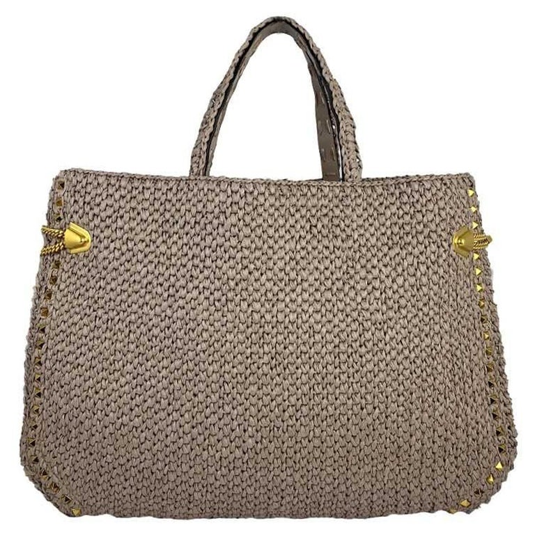Valentino Grey Straw GoldStudded Beach Bag For Sale at 1stDibs