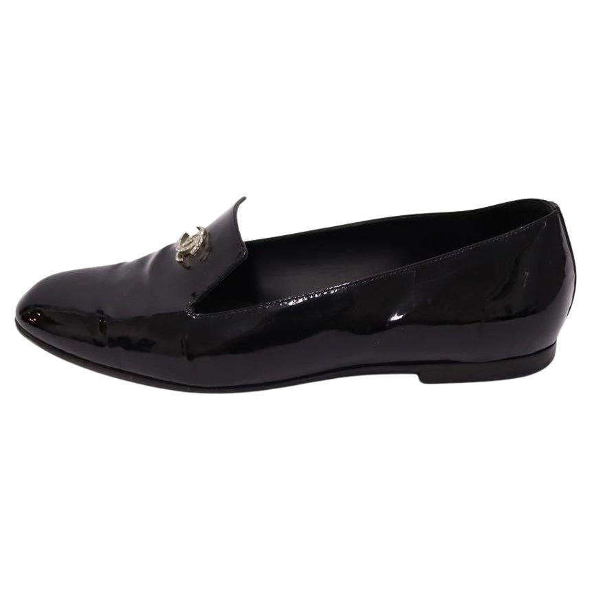 Chanel EU 37 Black Patent Leather Loafers For Sale