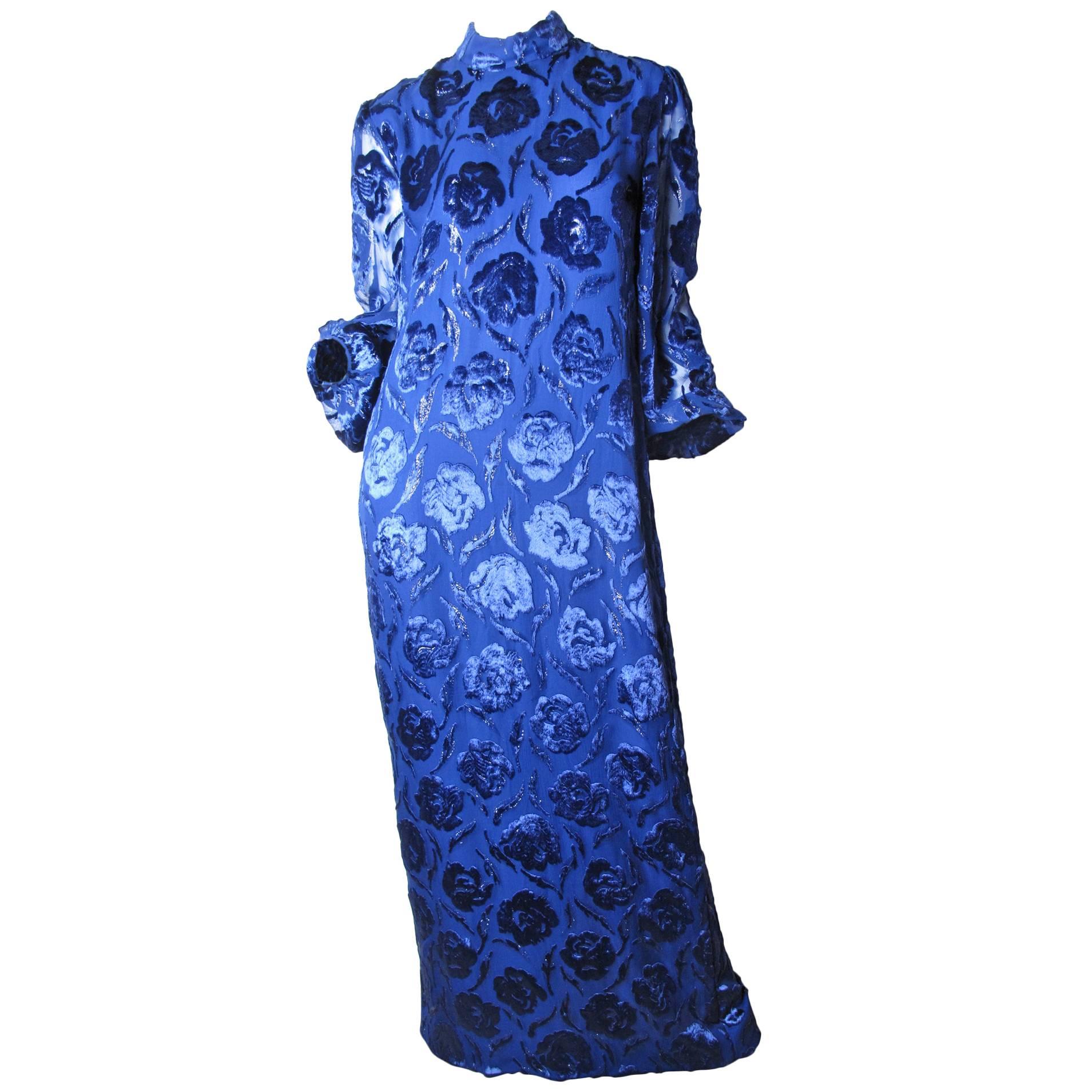 Adele Simpson Royal Blue Floral Burnt Velvet Evening Gown