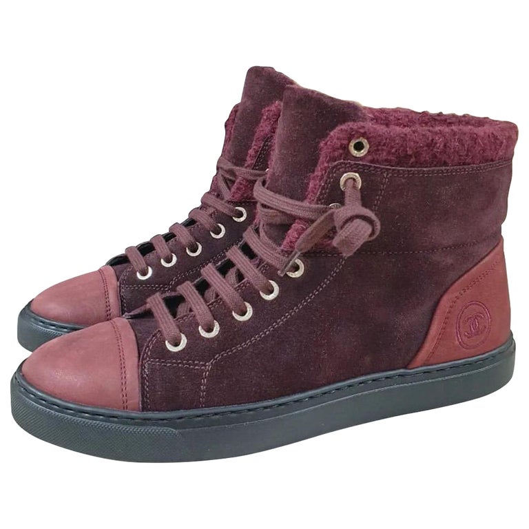 Pre-owned Burgundy Suede Leather And Fur High Top Sneakers Size 38.5