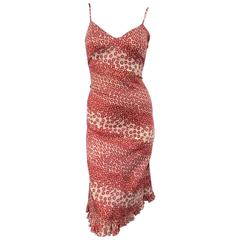 CHANEL Size 10 Red & Beige Floral Cotton Ruffled Hem Slip Dress Spring 2003