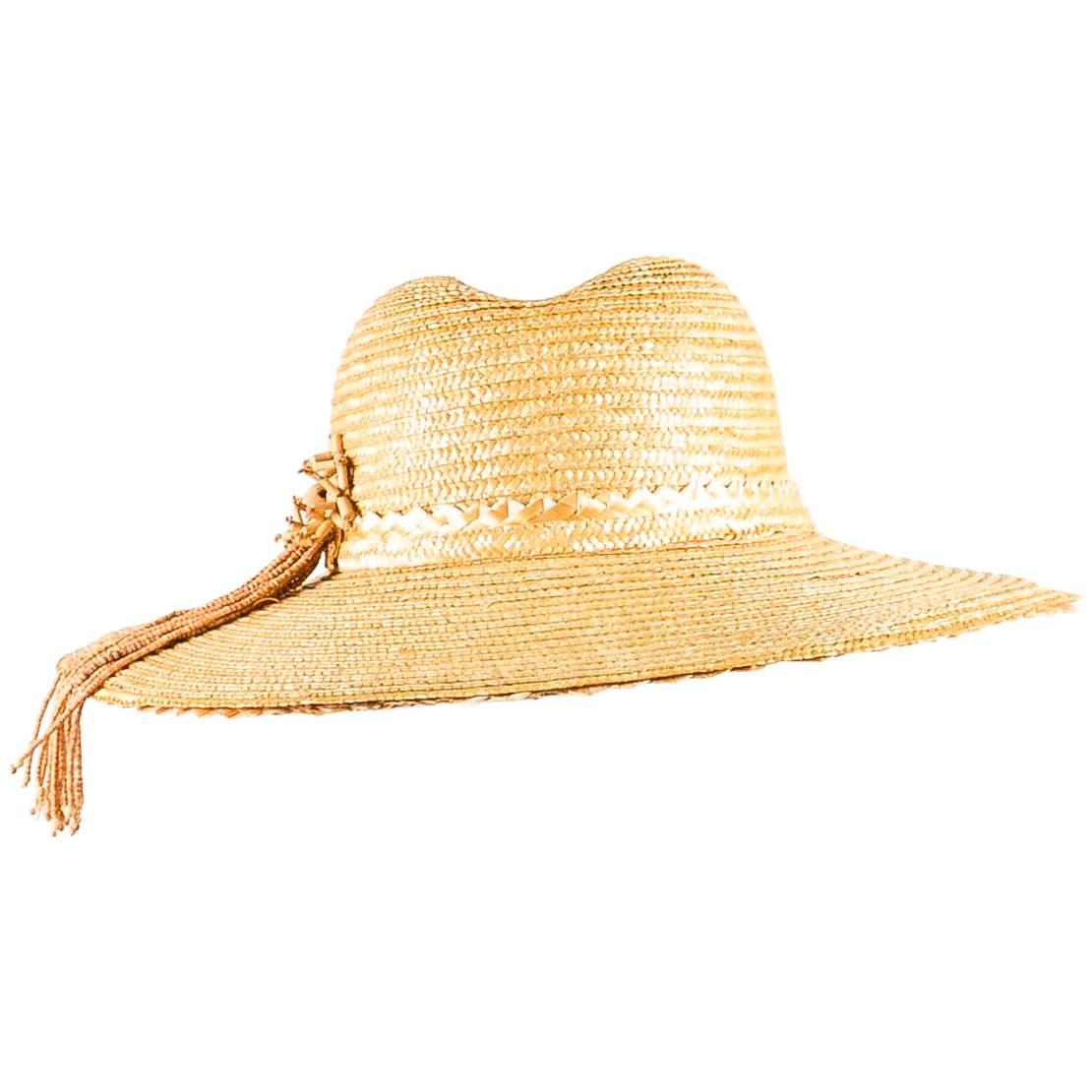 Oscar De La Renta Pale Yellow Straw Bead Fringe Hat For Sale