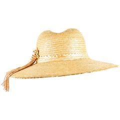 Oscar De La Renta Pale Yellow Straw Bead Fringe Hat