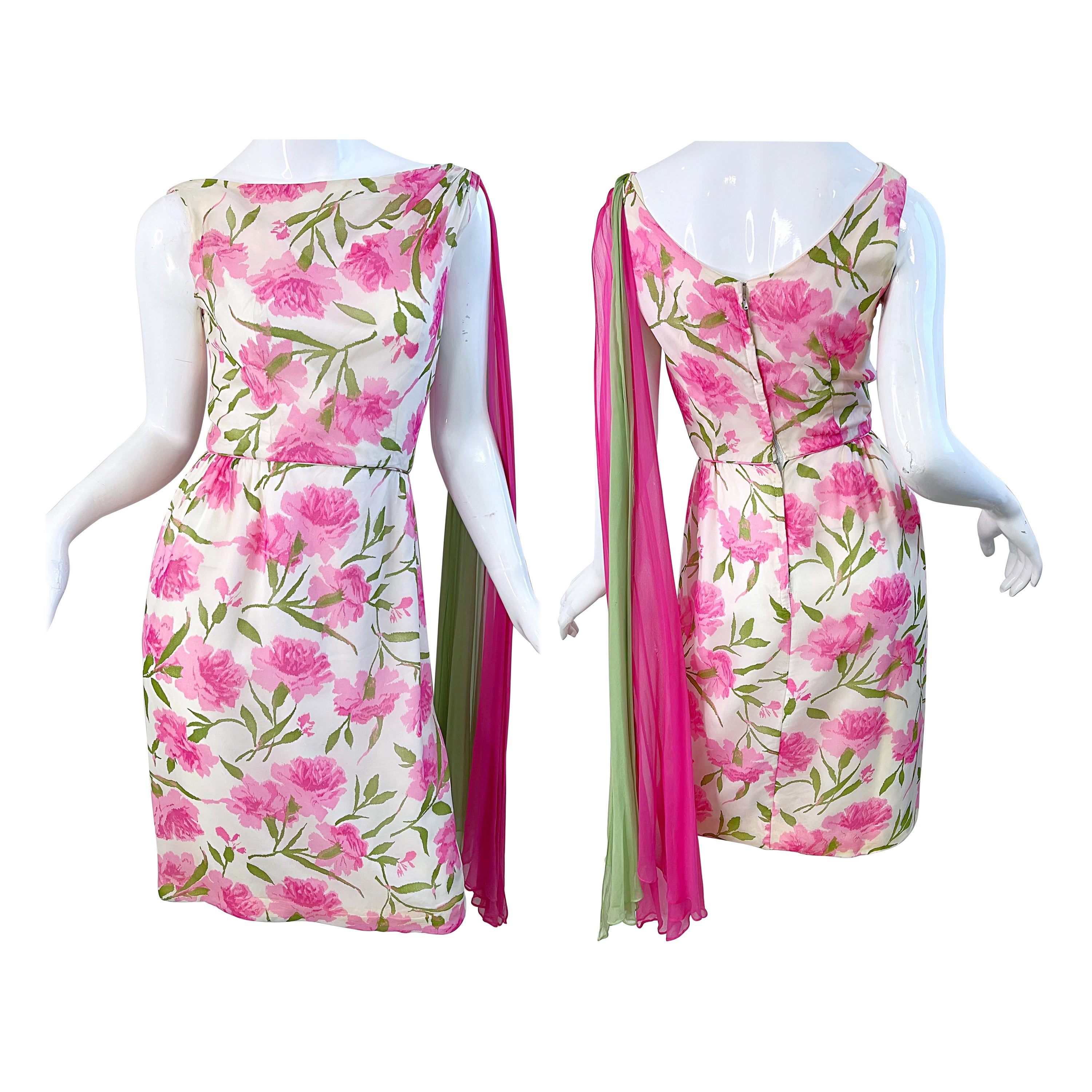 1960er Demi Couture Vintage 60er Jahre Kleid aus Seide und Chiffon mit Blumendruck in Rosa + Grün im Angebot