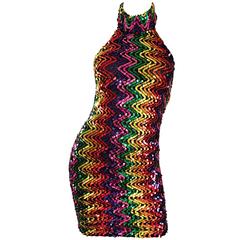 Sexy 1990s Rainbow Sequined French Bodycon Vintage Knit 90s Halter Mini Dress