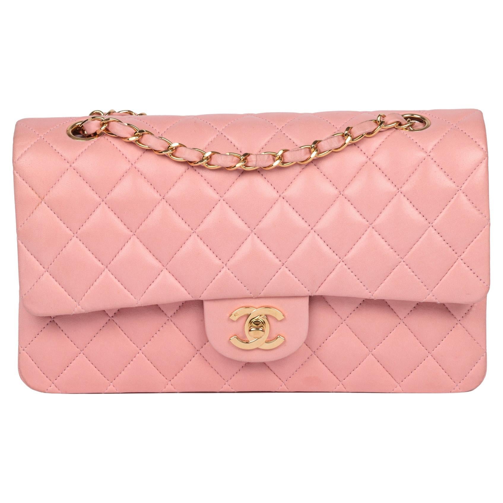 CHANEL Pink Quilted Lambskin Medium Classic Double Flap Bag For Sale