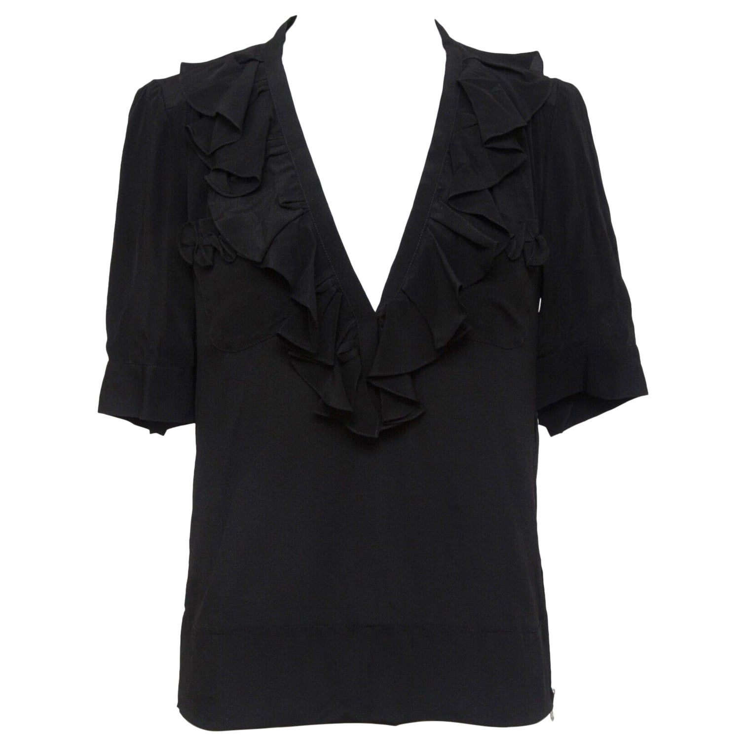 CHLOE Short Sleeve Black Blouse Top Shirt Silk Acetate Ruffles Sz 34 For Sale