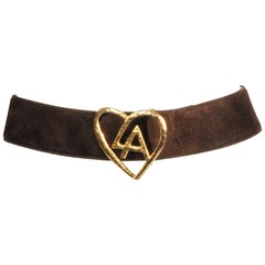 Vintage Loris Azzaro Brown Suede Gold LA Heart Logo Waistbelt 1970s