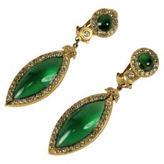 Butler Wilson Emerald Poured Glass Earrings, Gripoix 