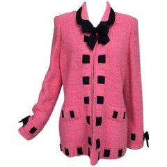 Vintage Adolfo pink & black ribbon trim boucle jacket 1970s