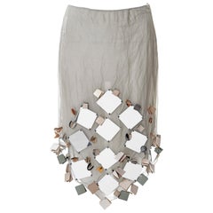 Vintage Prada sage silk lamé skirt with mirror and leather adornments, ss 1999
