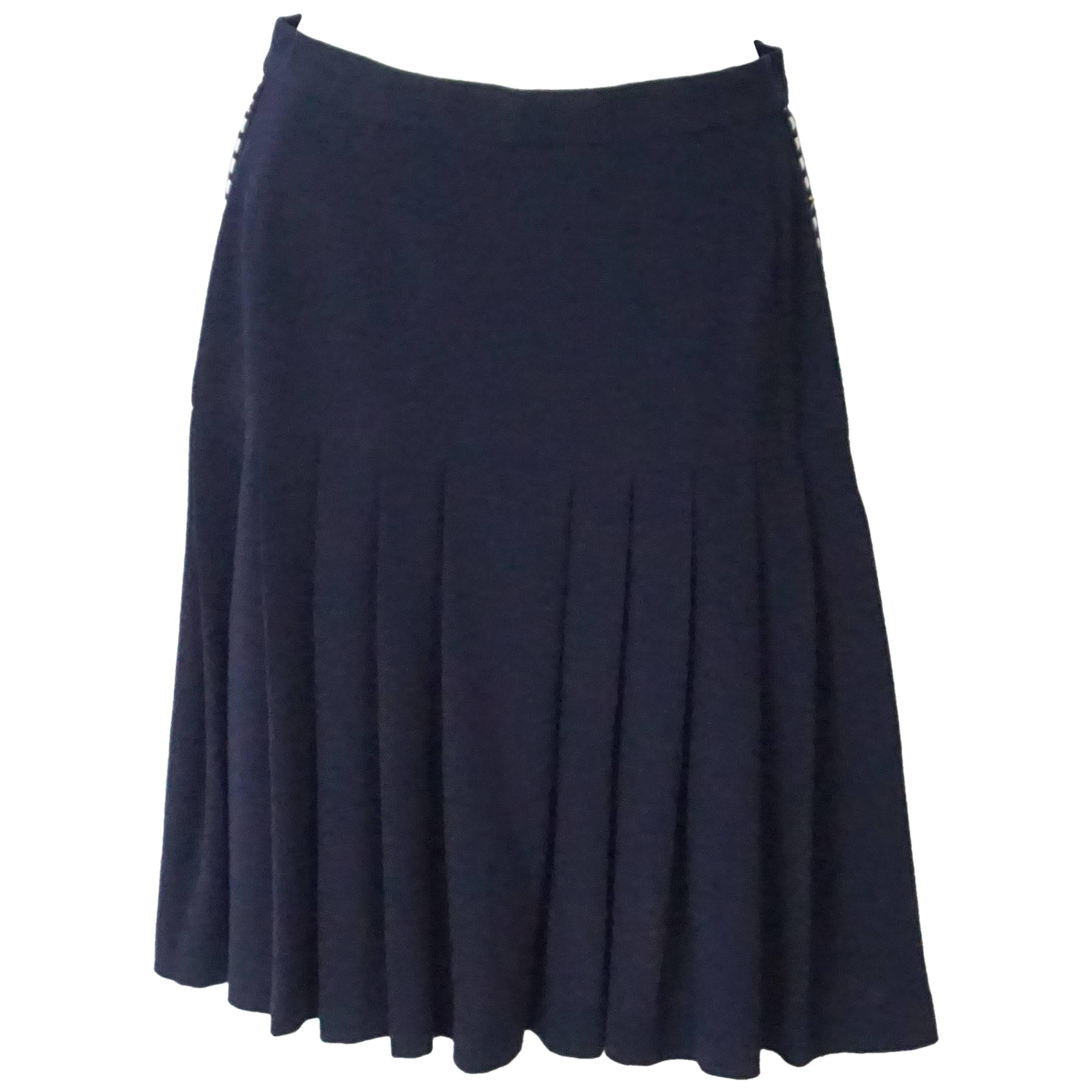 Chanel Navy Wool Pleated Skirt w/ white patent detail - 40 - Circa 80's