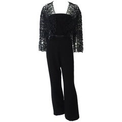 Thierry Mugler Schwarzer trägerloser Jumpsuit mit Spitze Soutache Jacke-40 Circa 80er Jahre