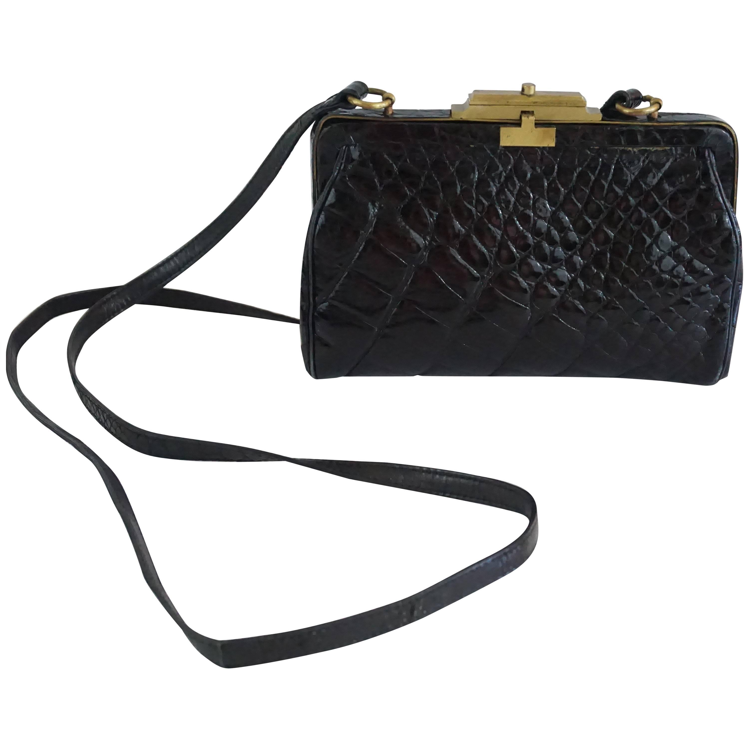 Marino Black Alligator Crossbody Bag - 1990's 