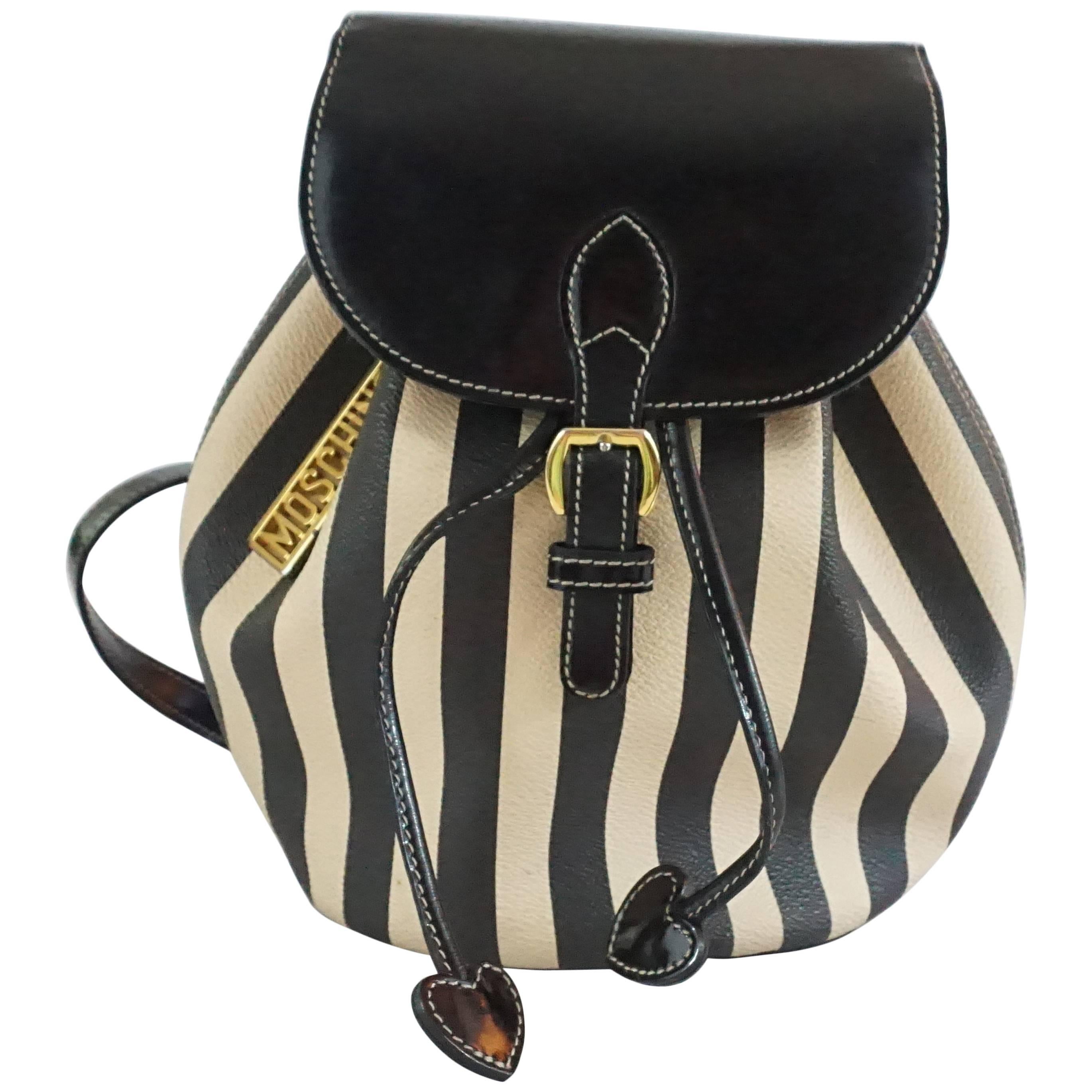 Moschino Tan and Black Stiped Bucket Drawstring Backpack-GHW-90"s