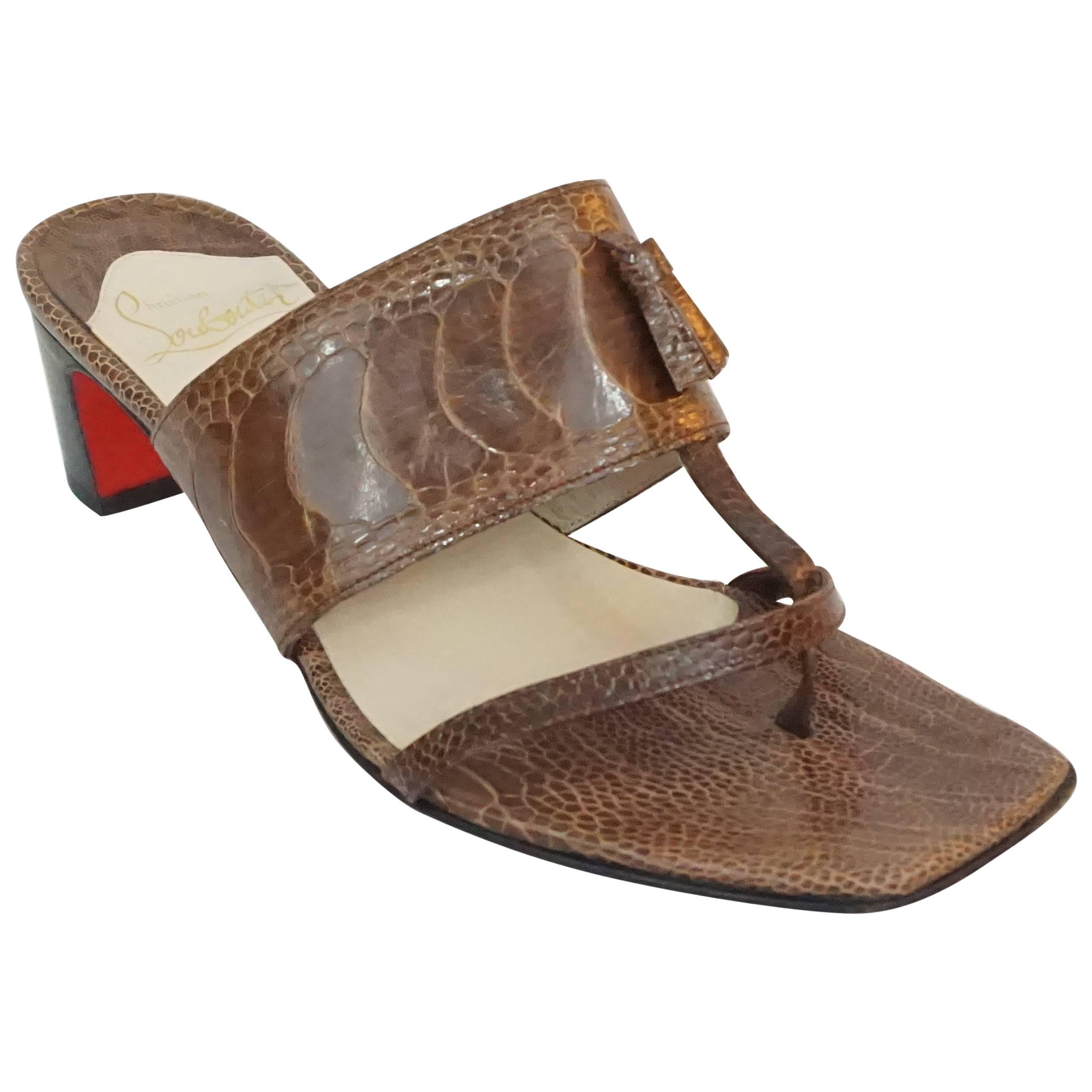 Christian Louboutin Brown Crocodile Thong Sandal w/ Block Heel-37