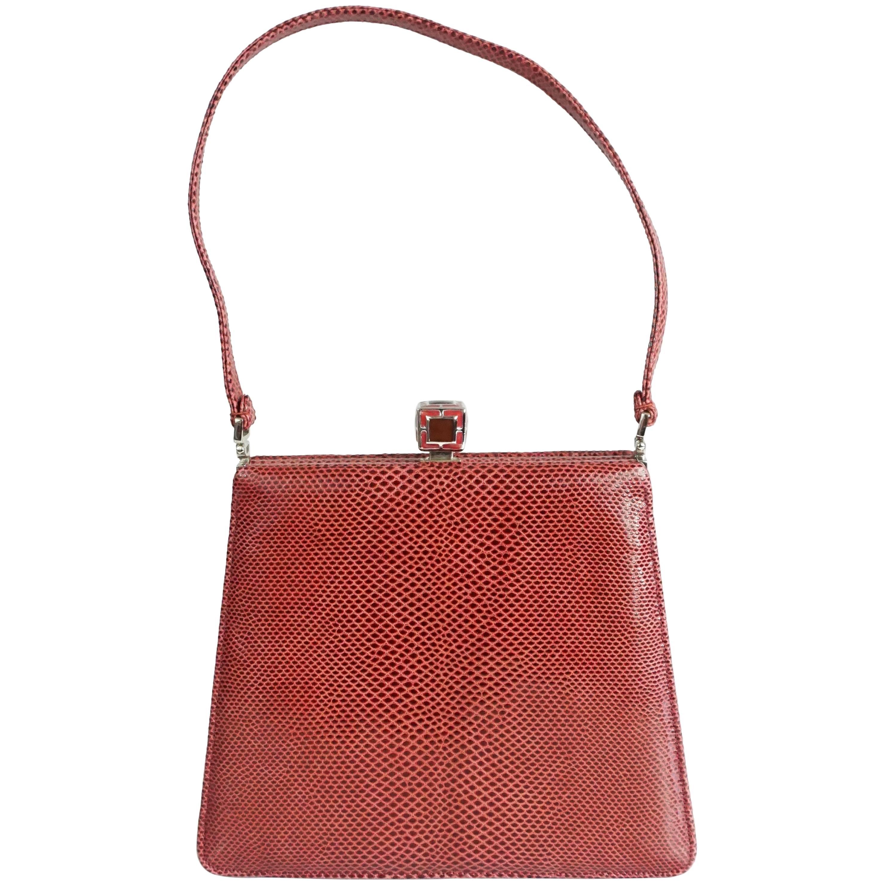 Judith Leiber Deep Red Lizard Top Handle Handbag - SHW For Sale