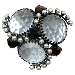 Vintage Signed Schreiner New York 1950s Domed Faceted Glass Cabochon & Pearl Brooch