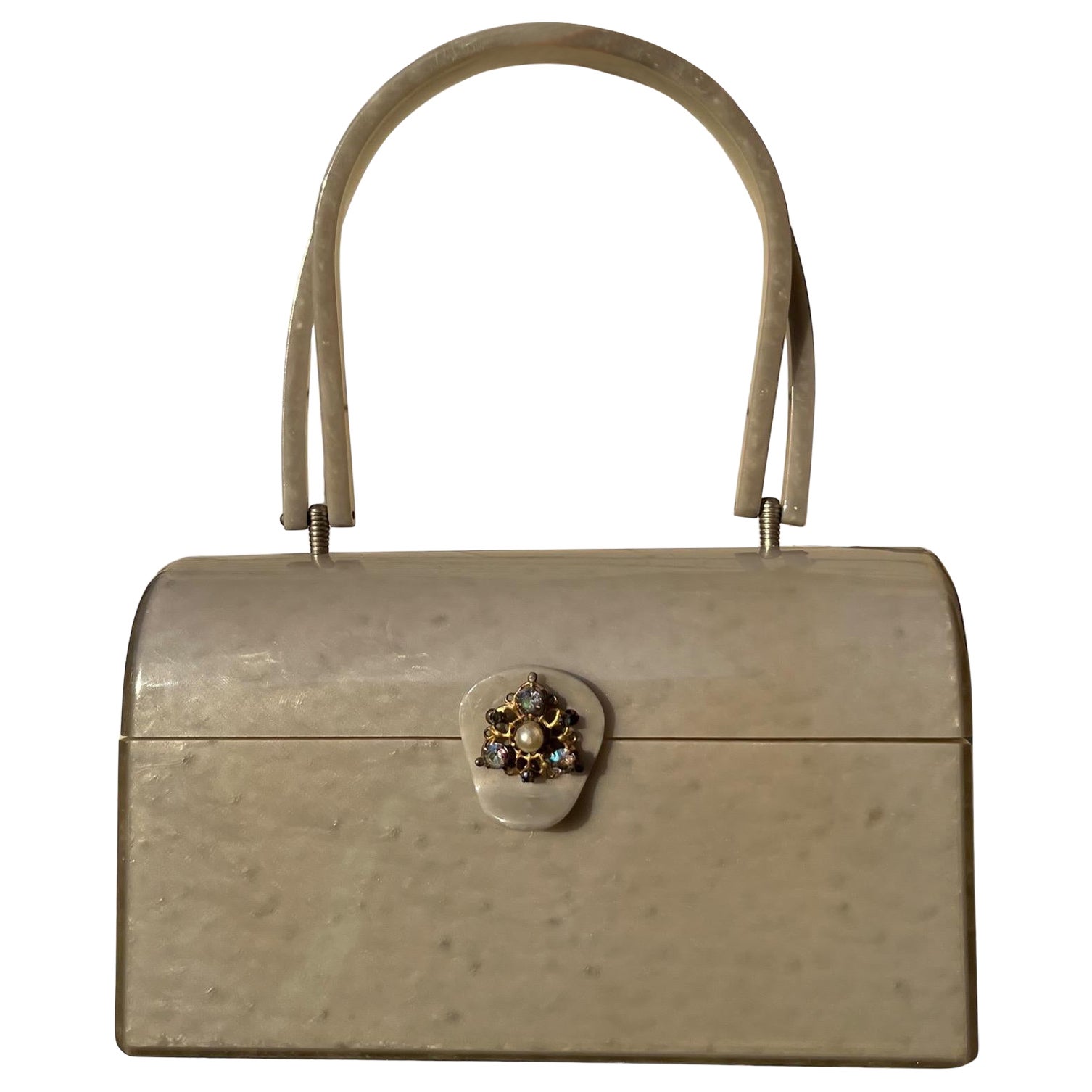 1960s Silver Marbled Lucite Box Purse Handbag w/ Rhinestones