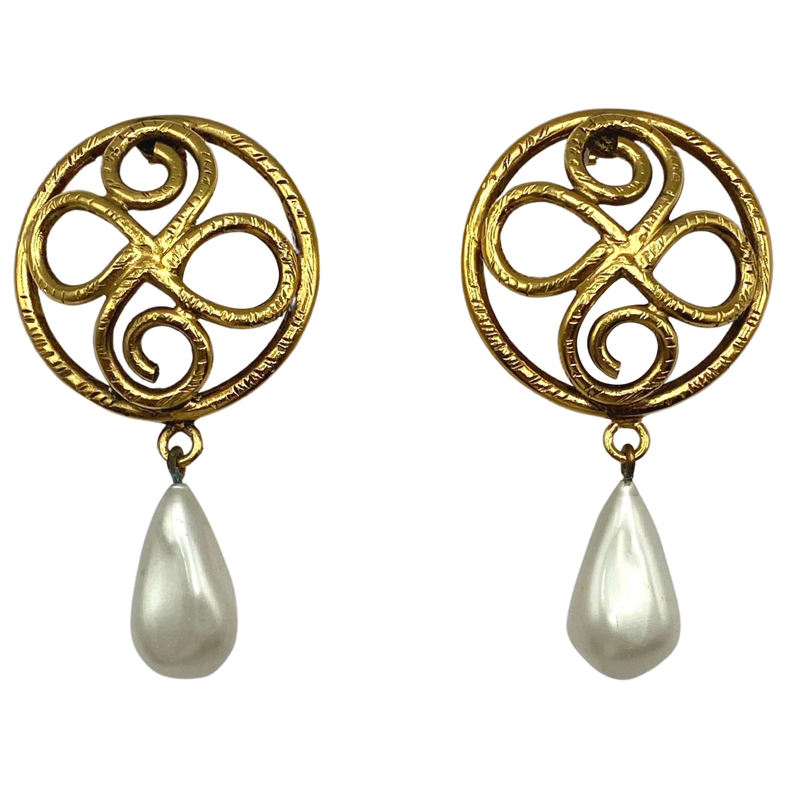 Chanel 1980s Large Gold & Pearl Pendant Earrings attr. Robert Goossens For Sale
