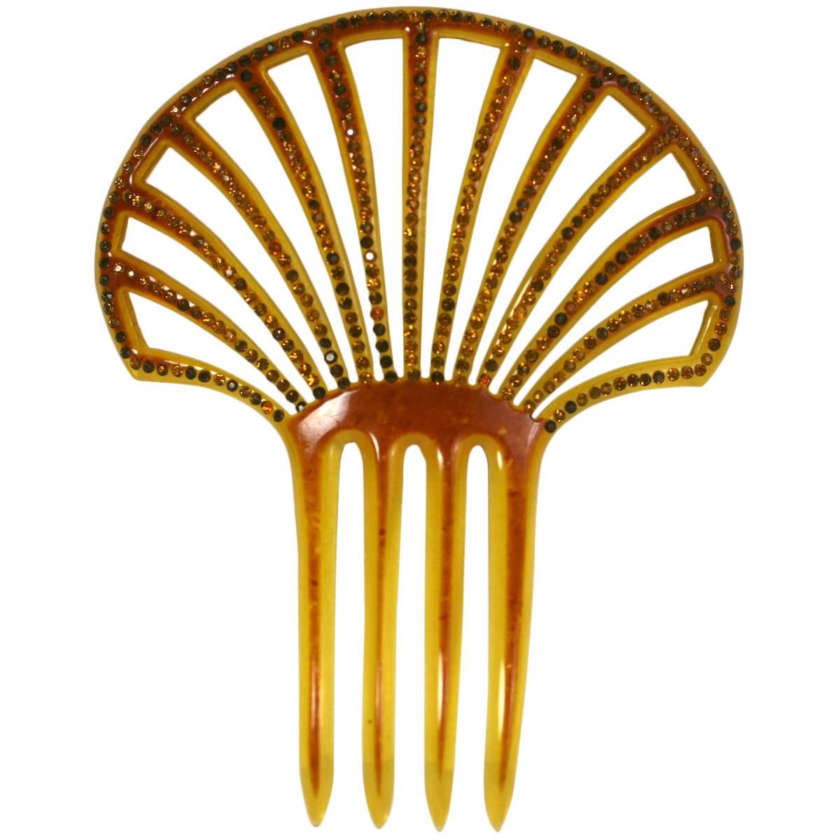 Art Deco Pierced Celluloid and Citrine Paste Comb For Sale