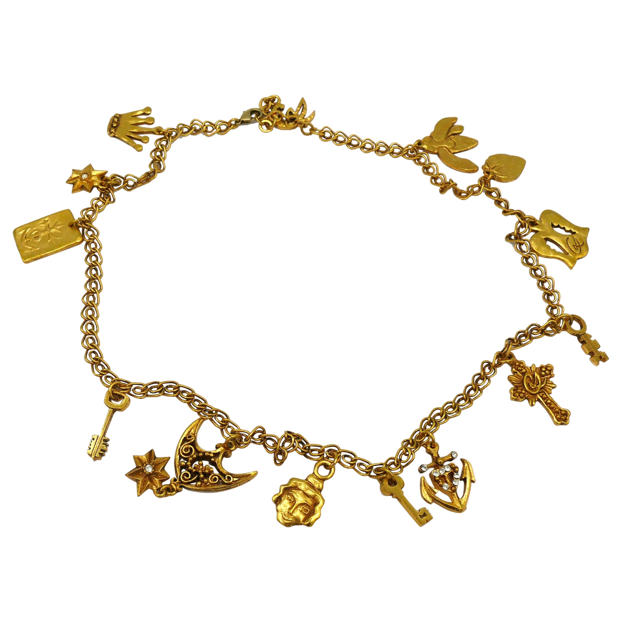 CHRISTIAN LACROIX Vintage Gold Tone Charm Necklace For Sale