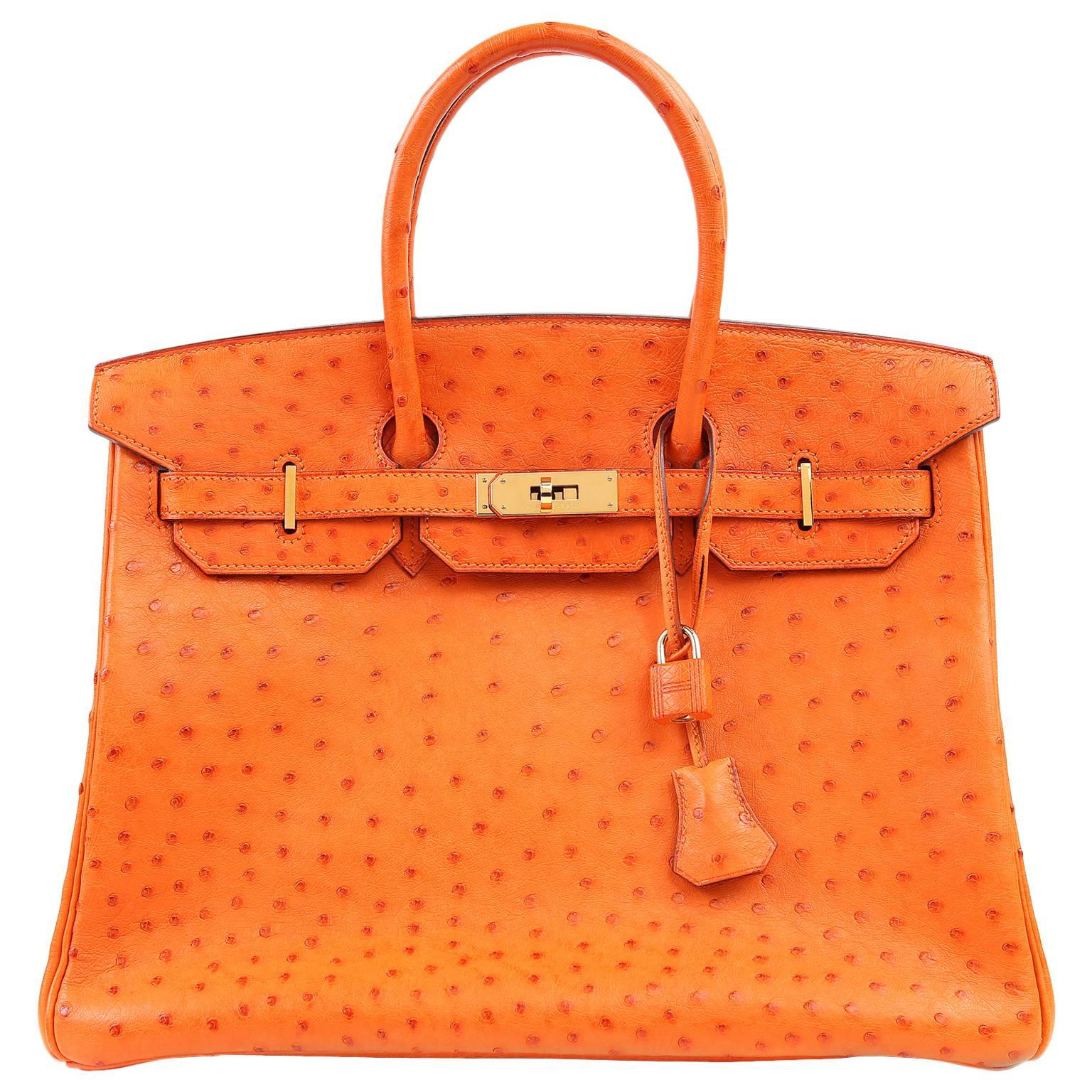 Hermès Orange Ostrich Skin 35 cm  Birkin Bag with Gold Hardware