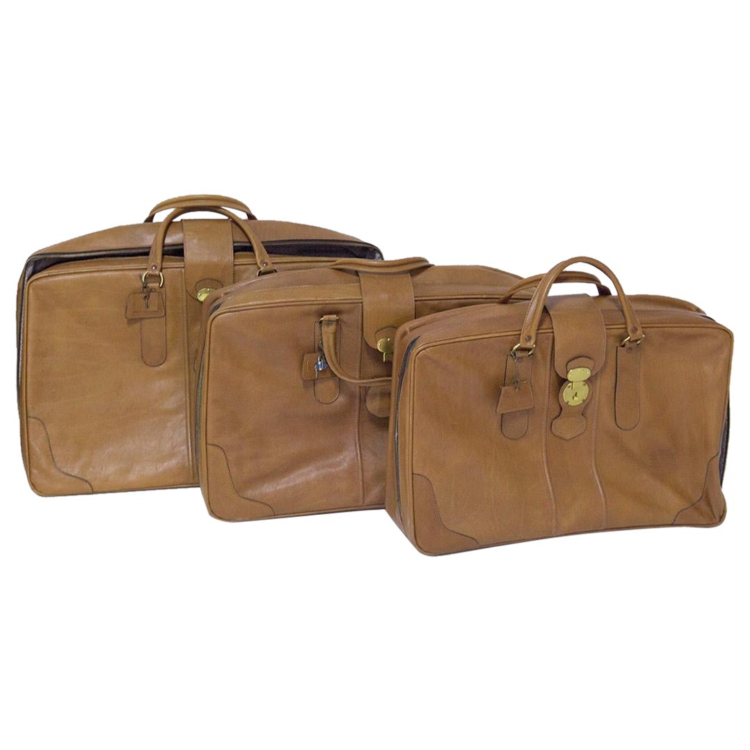 Three Vintage Camel Leather Suitcases Set For Sale