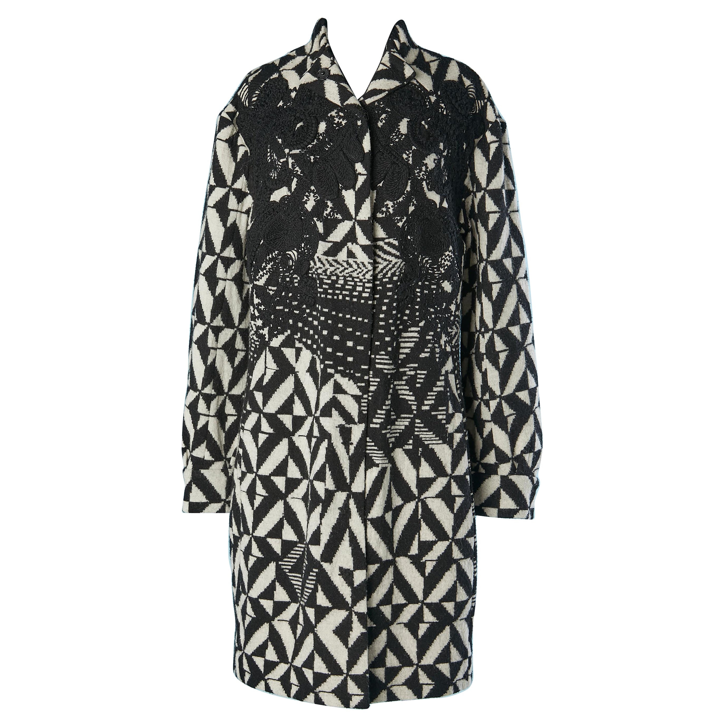 Black&white jacquard knit with wool thread embroideries Christian Lacroix  For Sale