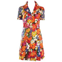 1960 Zibaut French Mod Colorful Flower Cotton Blouse & Skirt Vintage Dress Set