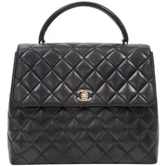 Vintage Chanel 12" Kelly Style Black Quilted Leather Silver Hardware Flap Hand Bag